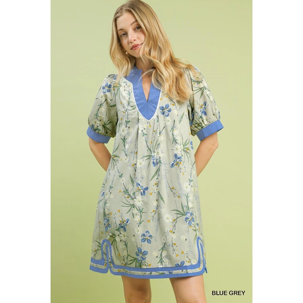 Umgee Floral Puff Sleeve Dress with Contrast Trim‎ - Blue Grey - Large